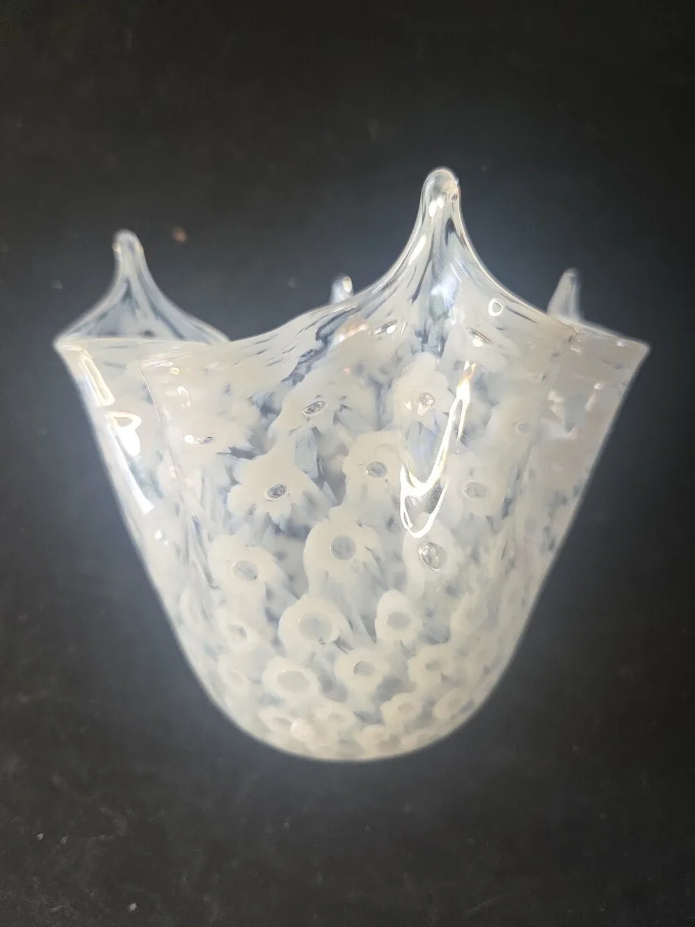 Vintage La Murrina Murano Glass Ruffled Bowl Signed Stamped White Murrine Italy